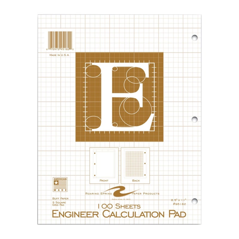 ROARING SPRING Engineering Pad, 8.5" x 11", 100 Sheets 15# Buff Paper, 5x5 Printed Back Enclosed Grid, Top Glued, 3-Hole Punched, Proudly Made in USA, Heavy Backing Board - Image 1